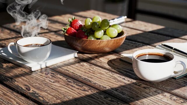 Vivid country setting showcasing lively outdoor dining experience with fruit display. Scenic rural outdoor environment featuring sun lit table adorned with array of fresh fruits on display.