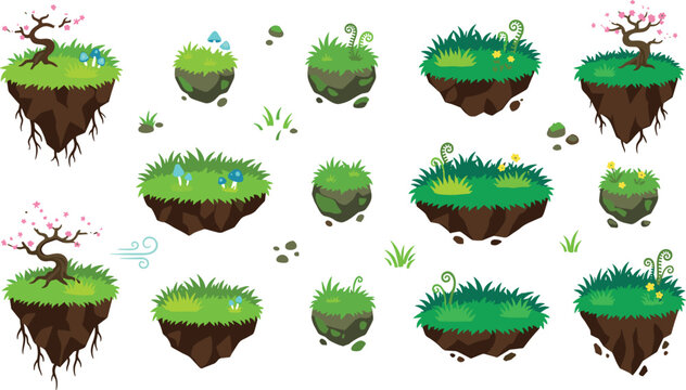 Cartoon Fantasy Floating Island Vector Asset Pack with Sakura Bonsai Trees Magic Mushrooms and Flying Rocks for Platformer Video Game Background Design