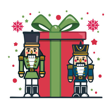 Flat illustration of nutcracker soldiers and gift box