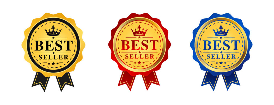 Premium best seller badge collection with luxury gold award seals, red and blue ribbon emblems, quality stamp vector set