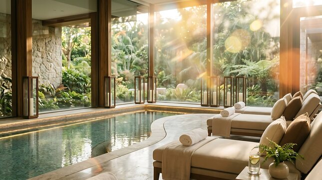 Luxurious indoor spa pool area with lounge chairs and lush tropical garden view, featuring warm sunlight and elegant decor for a relaxing wellness retreat atmosphere