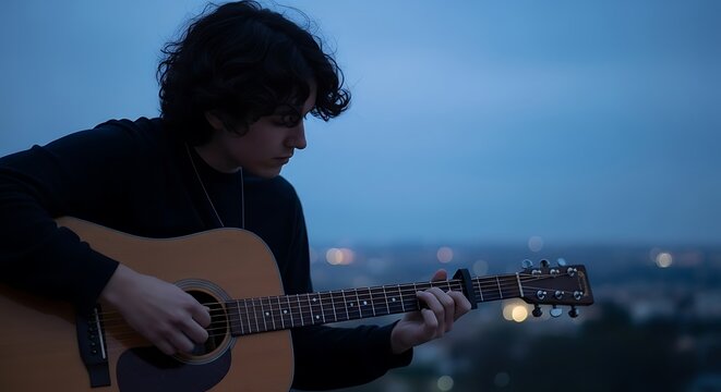 Guitarist Under City Lights Plays Acoustic Evening Melodies.