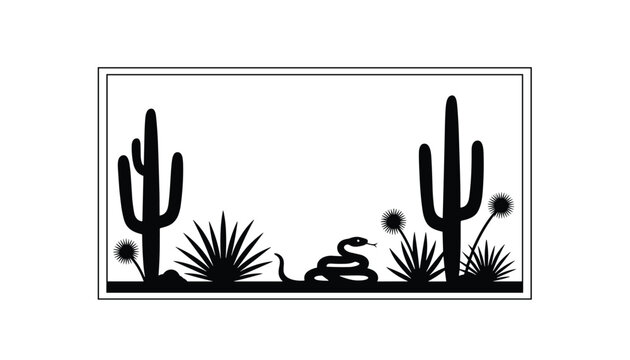 Minimalist desert landscape frame silhouette featuring tall cacti plants, dry grass, and a crawling snake.