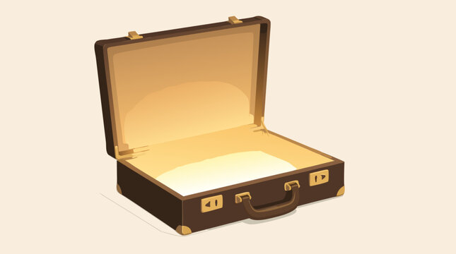 A clean flat vector illustration of a classic brown leather briefcase open with a warm golden glow emanating from inside, symbolizing opportunity, business value, and professional potential for.