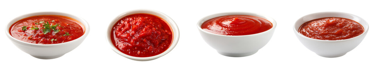 Four white bowls of various red sauces on a transparent background © Wajed Creative