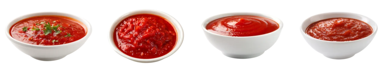 Four white bowls of various red sauces on a transparent background © Wajed Creative