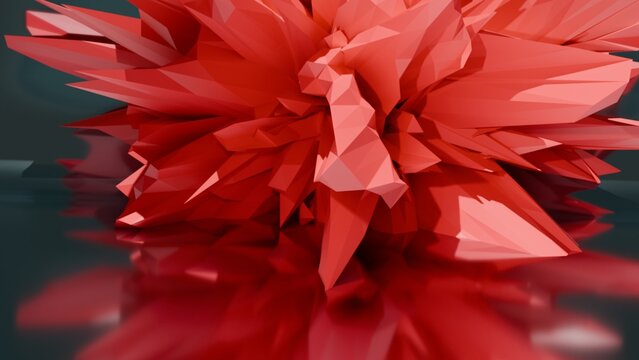 Explosive 3D abstract low-poly crystal formation in vibrant red, casting a sharp reflection on a dark, glossy fluid-like floor. Dynamic and energetic geometric art.
