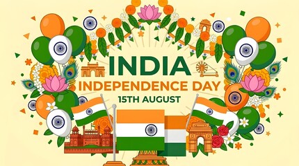 Fototapeta premium India independence day celebration vibrant illustration with national flag landmarks