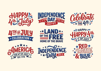 Collection of 4th of july typography and phrases in red white and blue colors © habiba creative