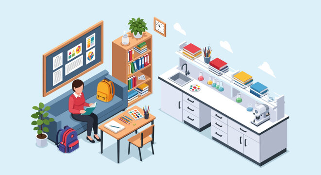 Student studying in a classroom with a science lab area.