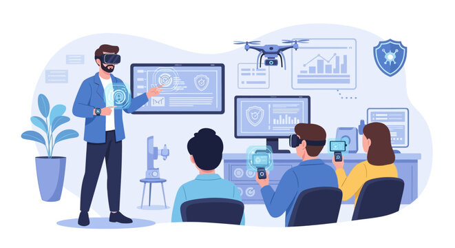 Man teaching virtual reality technology to students in a classroom setting.