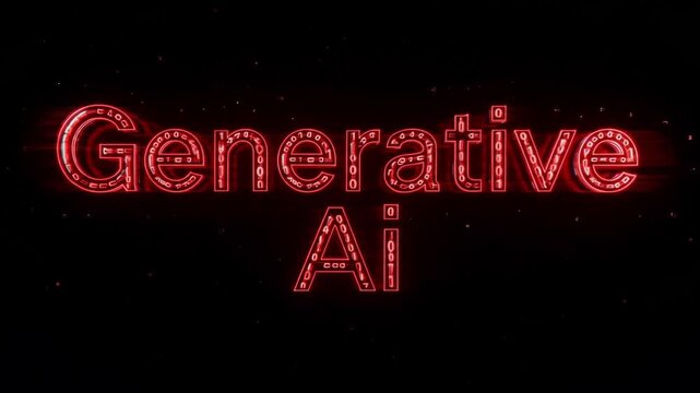Generative ai text glowing with vibrant red neon light effects formed by falling binary code streams in a dynamic digital animation sequence capturing the essence of advanced machine learning processe