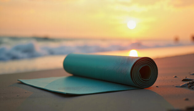 Yoga mat on sandy beach at sunset with waves rolling in and warm light illuminating serene scene. Yoga mat provides relaxation and mindfulness experience by ocean shore. Concept yoga and tranquility.