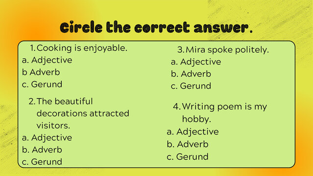 Educational graphic defining adjectives with visual examples including a blue car, flower, cat, and happy kid on a vibrant yellow background