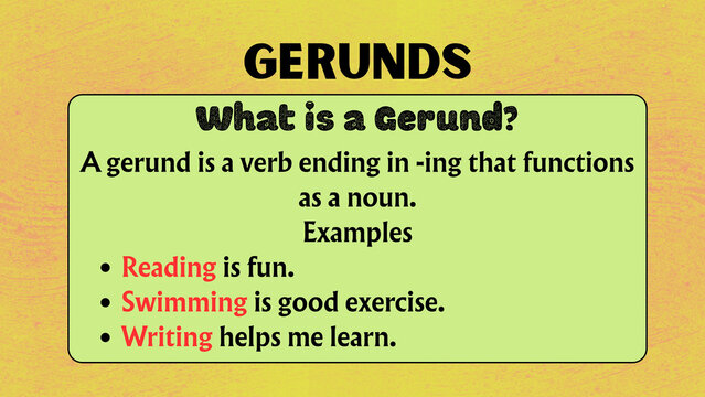 Educational English Grammar Infographic Explaining the Definition and Usage of Gerunds with Examples