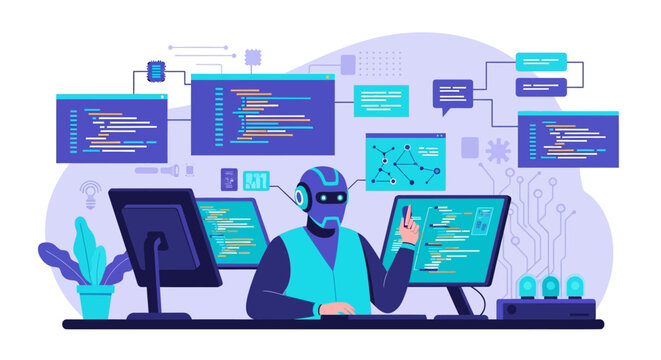 Robot programmer working on multiple computer screens with code and diagrams.
