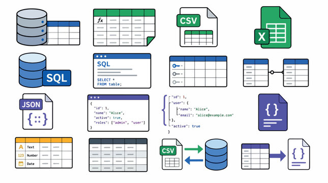 Collection of icons representing data formats like SQL, JSON, CSV, and spreadsheets.