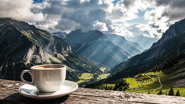 Tranquil mountain valley view with a coffee cup on a wooden ledge overlooking dramatic peaks.