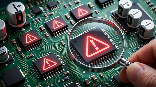 Hand holding magnifying glass over green printed circuit board microchip displaying red glowing warning triangle for hardware failure concept.