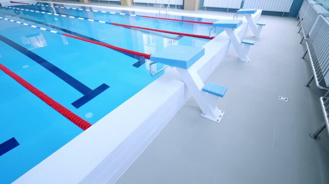Modern public sports complex features clean aquatic racing tracks with markers. Swimming facility design highlights competitive environment
