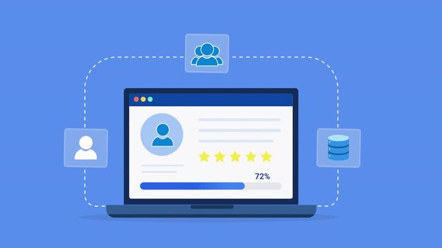Animated flat vector illustration of a laptop displaying a customer profile dashboard with user information, ratings, and database icons. Modern CRM, customer management, and business technology conce
