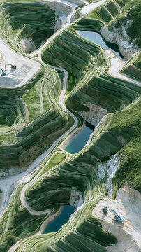 Aerial view of intricate green hills and winding roads in a natural landscape.