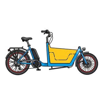 Blue bicycle with yellow cargo trailer on white background.