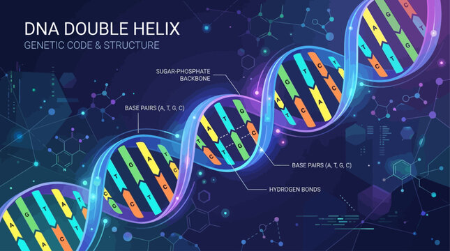 Detailed scientific visualization of a vibrant genetic strand showing molecular structure and base pair labels on a dark technological background