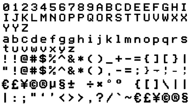 Pixelated Font Showcasing Uppercase and Lowercase Letters, Numbers, and Symbols in a Digital Display