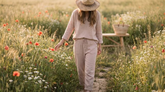 Young woman in linen loungewear walking through a wildflower meadow at sunset, concept of slow living, mindfulness, and summer relaxation