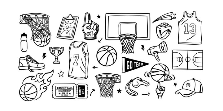 Basketball doodle vector set with balls, jerseys, and sports accessories. Hand-drawn illustrations perfect for team branding, apparel, stickers and sports designs.	
