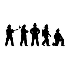 Naklejka premium Firefighter Silhouettes Set with Various Poses and Equipment, Vector Design on White Background Featuring Silhouette, Rescue