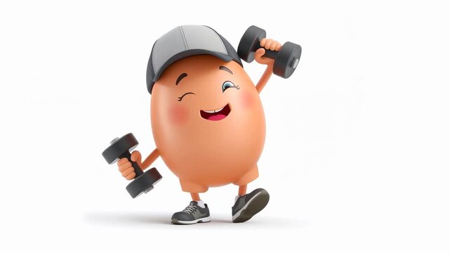 Funny cartoon egg with dumbbells isolated on white background, 3D design, animation