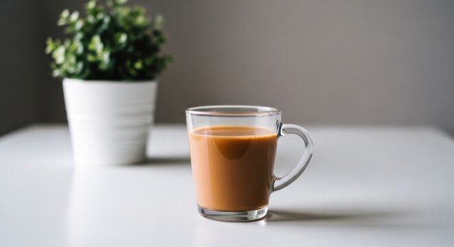 A Refreshing Cup of Coffee on a White Table with a Plant.