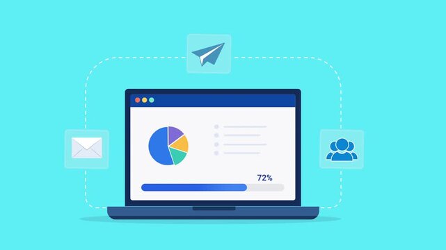 Animated flat vector illustration of a laptop displaying marketing analytics with charts, email, cloud, and paper airplane icons. Modern digital marketing, campaign management, and business technology