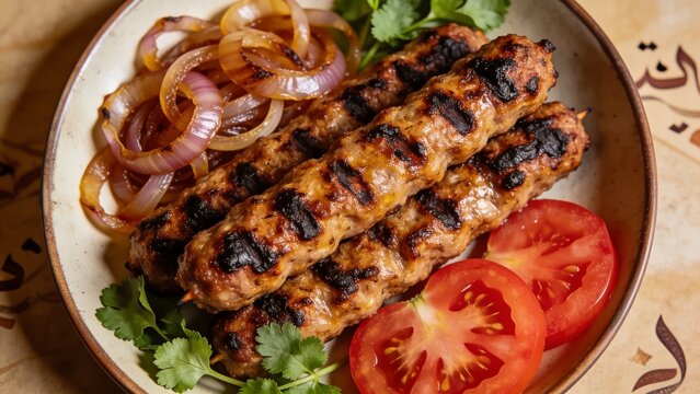 Traditional Arabic grilled mumbar with onions, tomatoes, and coriander, served in a rustic dish, close-up view