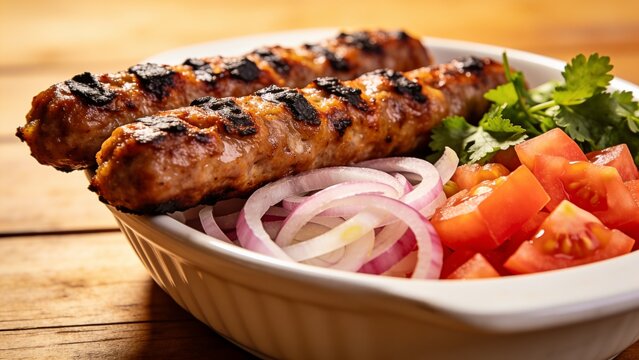 Grilled mumbar or sausage grill closeup with onion, tomato and coriander served in dish isolated on table . arabic food