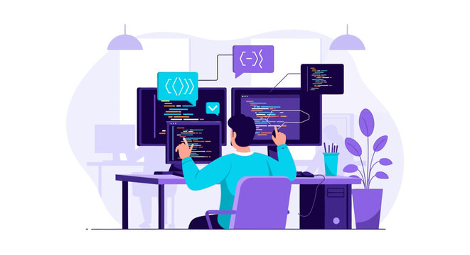Programmer working on multiple computer screens with code displayed.
