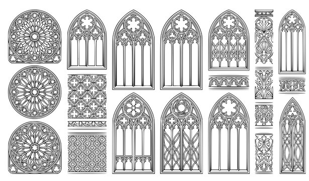 Gothic cathedral window and architectural element vector illustration set isolated on white background for medieval design graphics