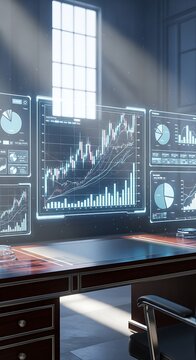 High Tech Trading Desk With Graphs And Monitors In Office.