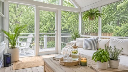 Fototapeta premium Bright sunroom interior with cozy seating, plants, and pest control device, ideal for summer