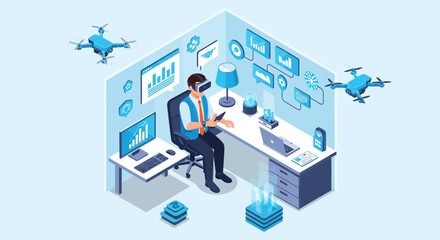 Naklejka premium Man in Virtual Reality headset operating drones in futuristic office.