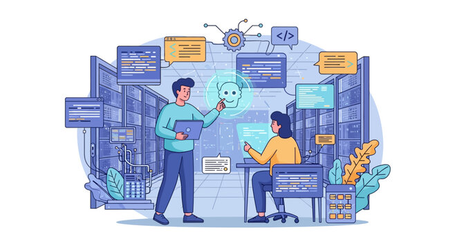 Two people working on computer code and data servers.