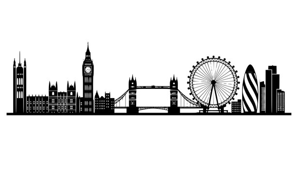 London City Skyline Silhouette Vector Illustration Featuring Big Ben Tower Bridge London Eye and Famous Landmarks for Travel and Tourism Graphic Design