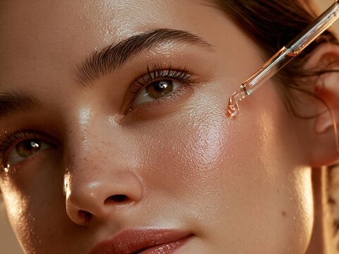 Close-up of a woman's face receiving a droplet of golden serum from a glass dropper for skincare and beauty treatments.