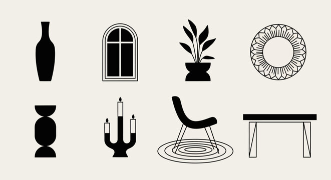 Abstract Geometric Icons: Vase, Window, Abstract Shape, and Candelabra