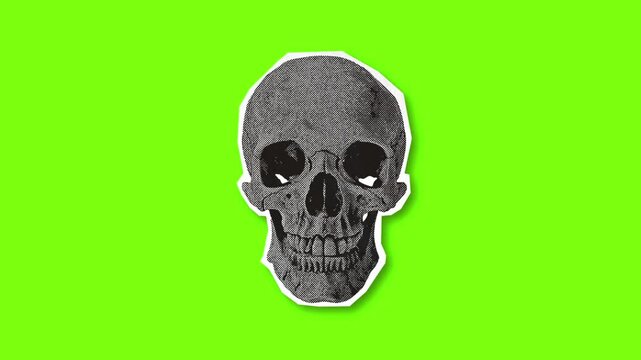 unfolding paper halftone grunge skull on a green screen background