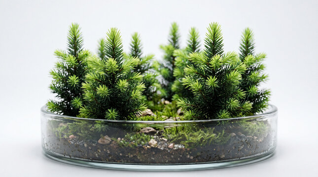 The coniferous forest was grown in a laboratory Petri dish. Spruce and trees, saplings, ecological volunteer project to restore forests and improve air quality on the planet