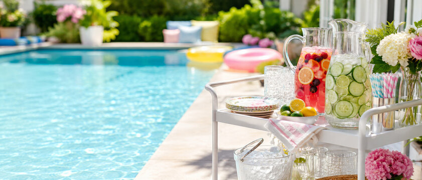 Summer pool party with refreshing drinks and colorful decorations, outdoor leisure
