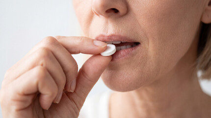 Naklejka premium A woman takes a pill with a prescription medication. Taking medications, aspirin, antibiotic, antispasmodic, antidepressant